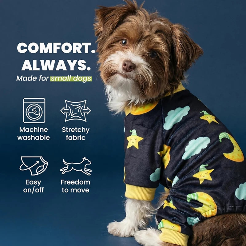A small dog wearing a black and yellow moon and star print stretchy pajama top.