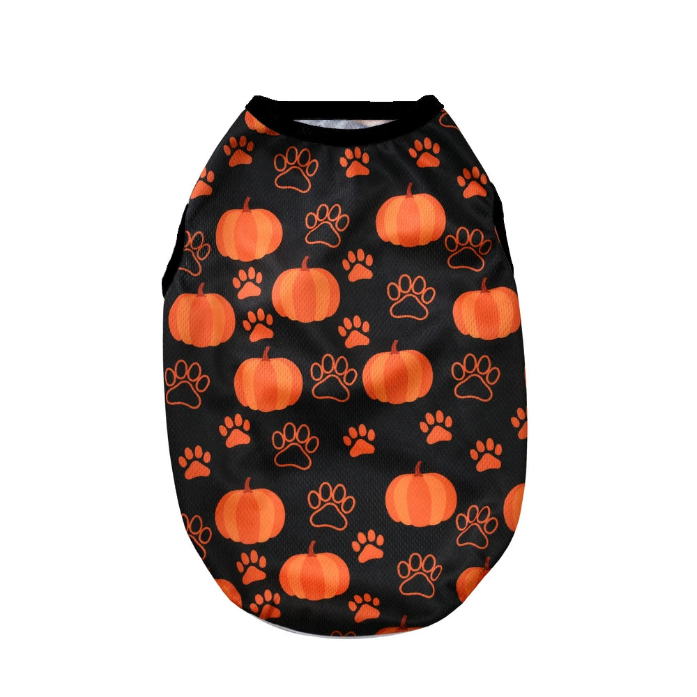 Black pet shirt with an orange pumpkin print and paw prints for small dogs and cats