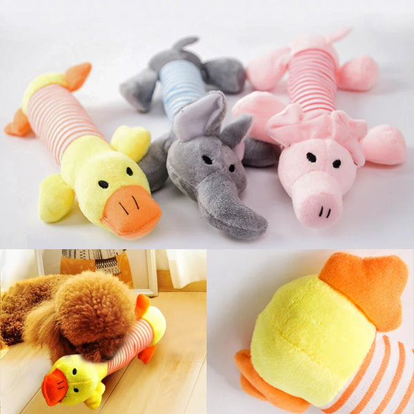 Three fleece squeaky pet toys shaped like an elephant, duck, and pig for dogs and cats