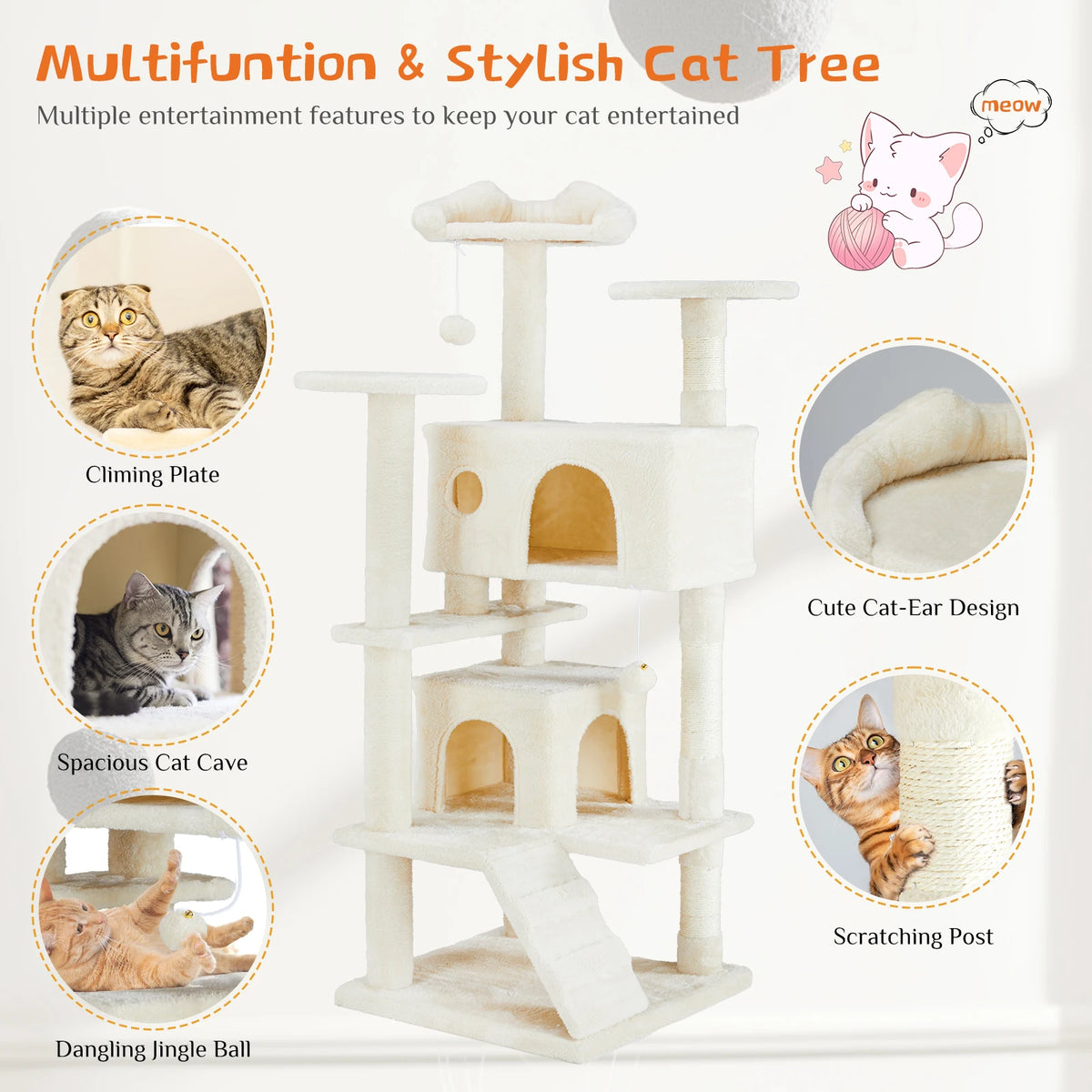 A multi-level cat tree featuring a climbing plate, spacious cave, scratching post, and dangling jungle ball for entertainment