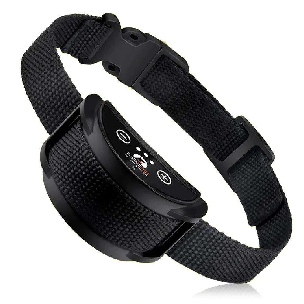 Black rechargeable anti-bark dog collar with adjustable vibration feature