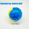 A bright blue squeaky rubber ball with a yellow ring, shown against a white background.