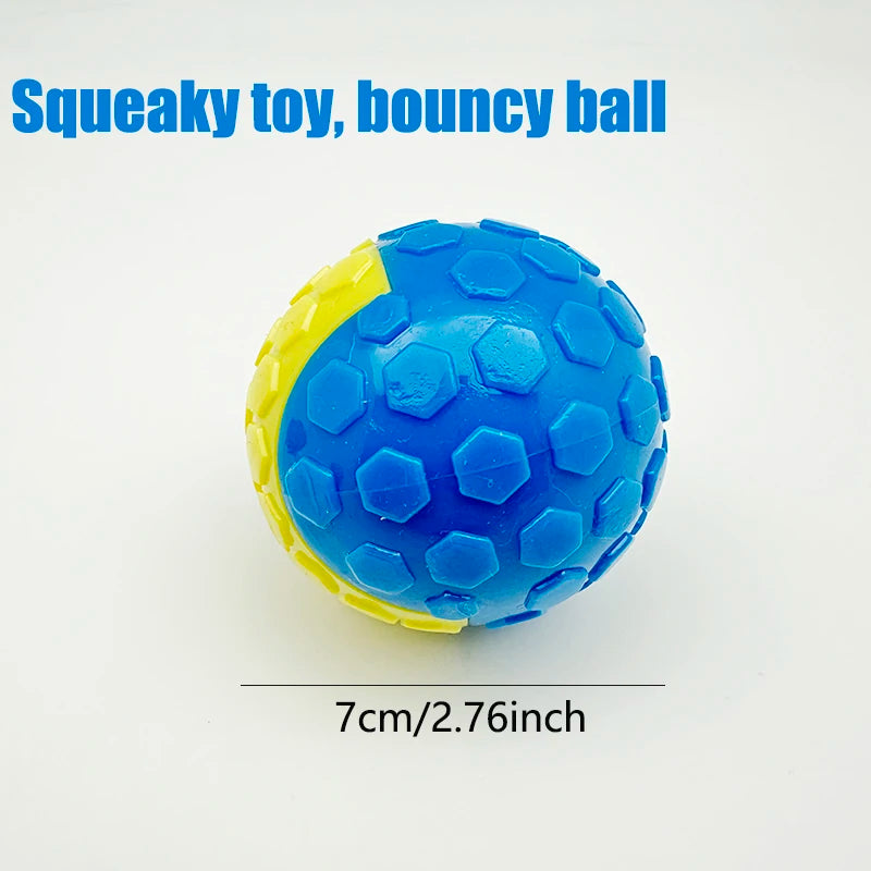 A bright blue squeaky rubber ball with a yellow ring, shown against a white background.