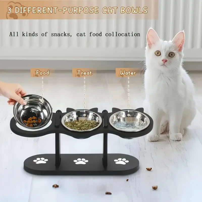 Comedero Elevado para Gatos de 3 Niveles con Base de Madera y Acero Inoxidable