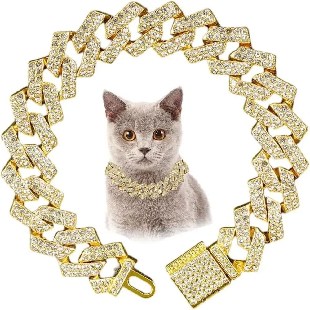 Goldfarbene Diamantkette als Halskette um eine graue Katze gelegt.