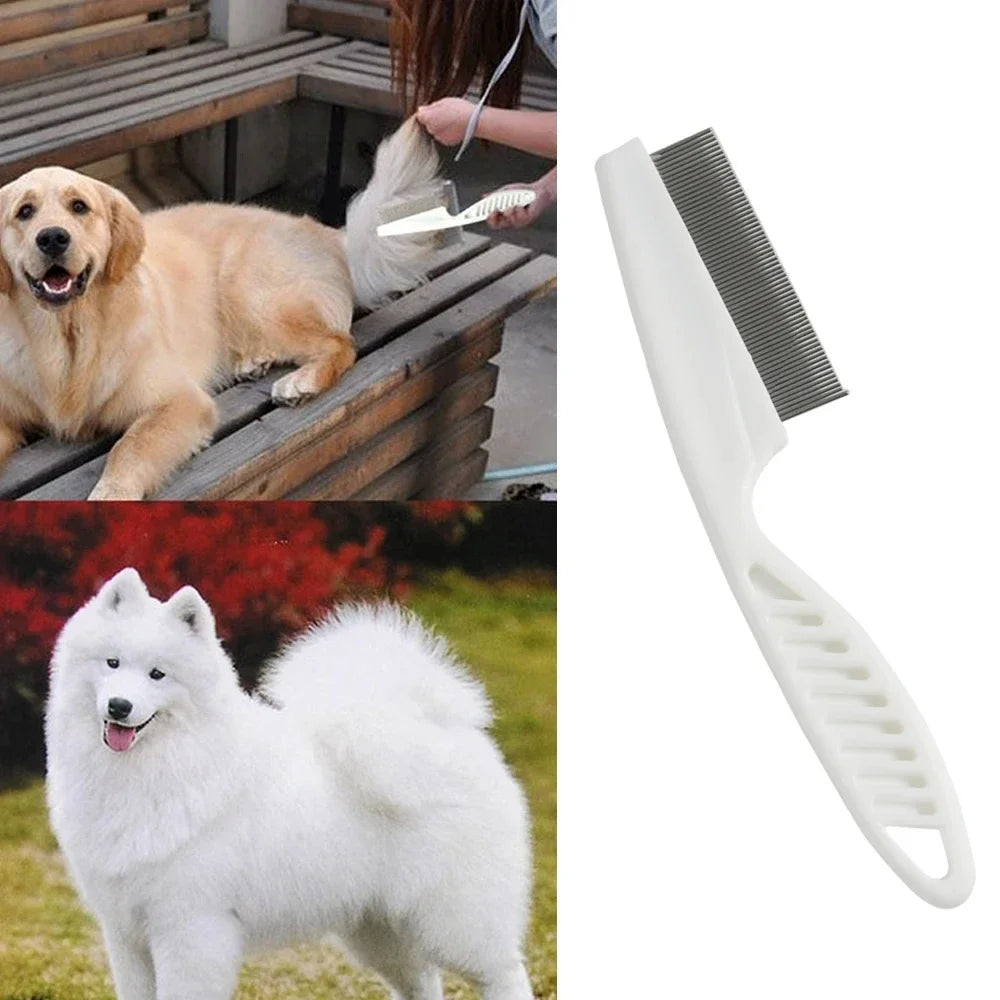 A white stainless steel pet grooming comb is shown next to a dog being groomed.