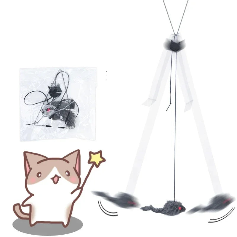 Hängendes Kratzspielzeug für Katzen mit Katzenfigur und hängender schwarzer Pelzball.