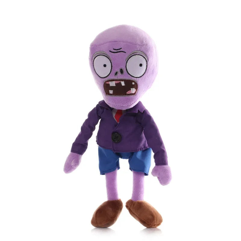 A purple Gargantuar plush toy with large eyes and an open mouth, dressed in a purple shirt and blue pants.