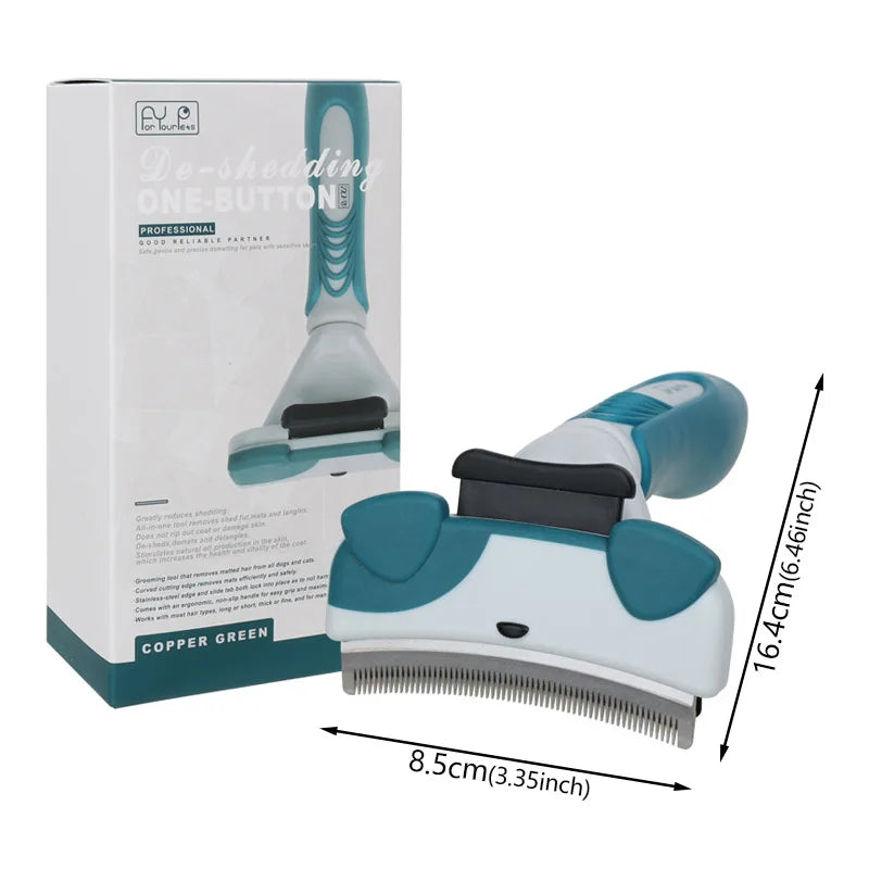 A box and a handheld pet thinning comb for dogs and cats in copper green and white.