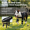 A dog wearing a black harness and flexible metal support strips on its front legs is shown outdoors.
