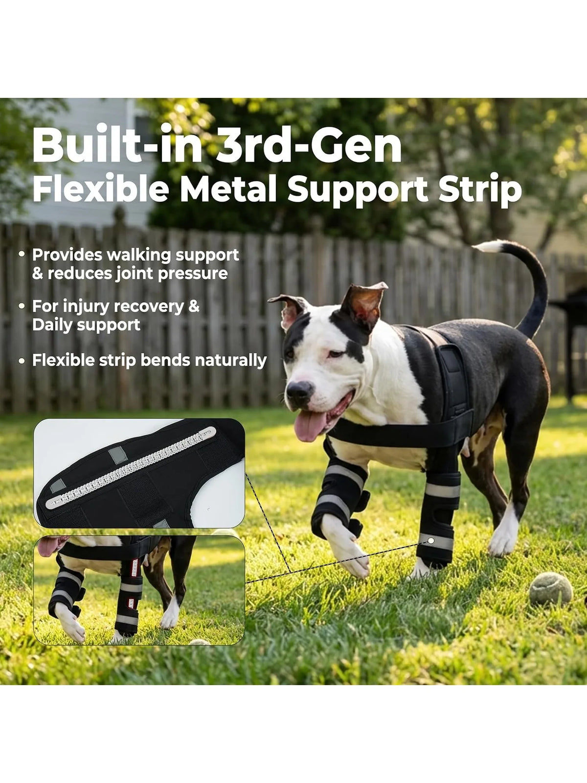 A dog wearing a black harness and flexible metal support strips on its front legs is shown outdoors.
