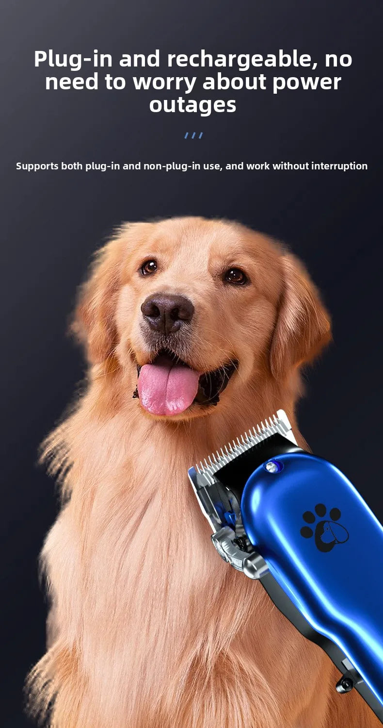 A golden retriever dog is shown with a blue pet hair clipper grooming kit in its mouth.