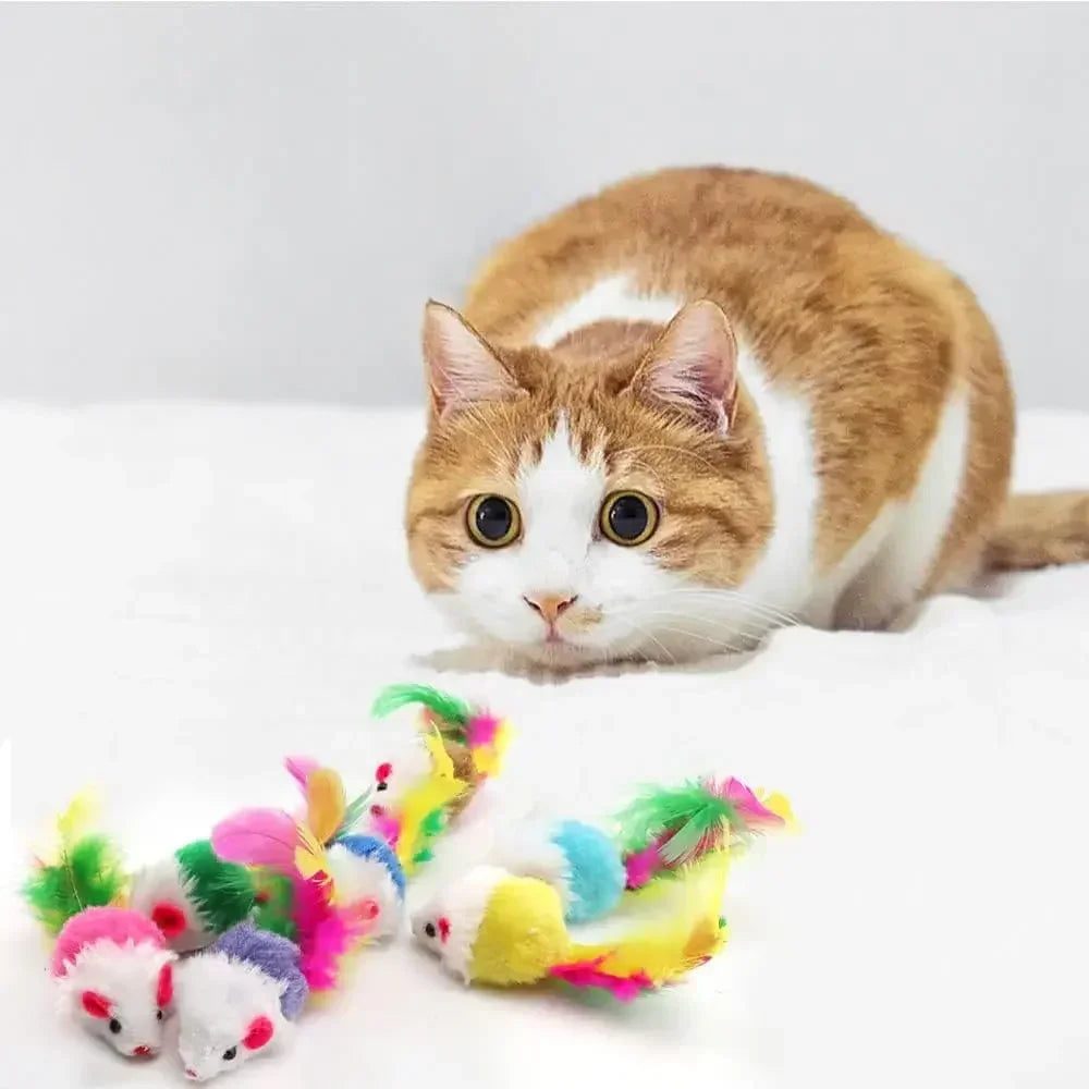 A fluffy orange and white cat toy mouse with colorful catnip attached