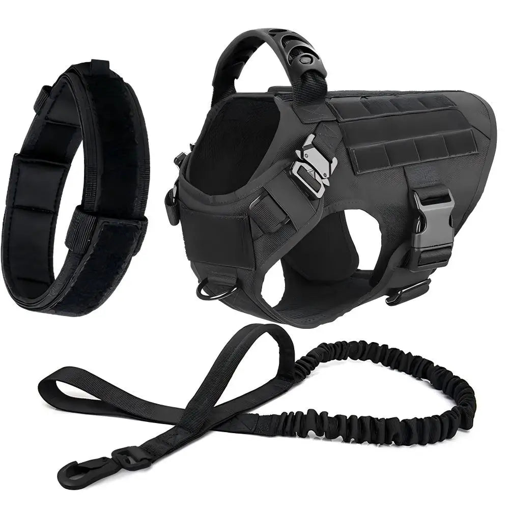 Black tactical dog harness with a MOLLE system and leash attachments