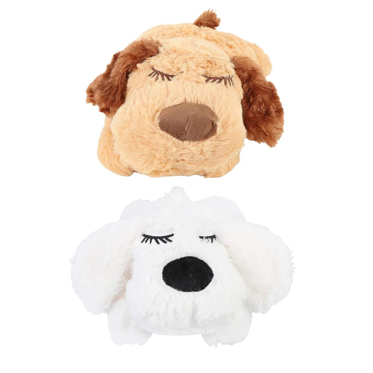 A pair of stuffed animals, one brown dog and one white dog, designed for calming therapy.