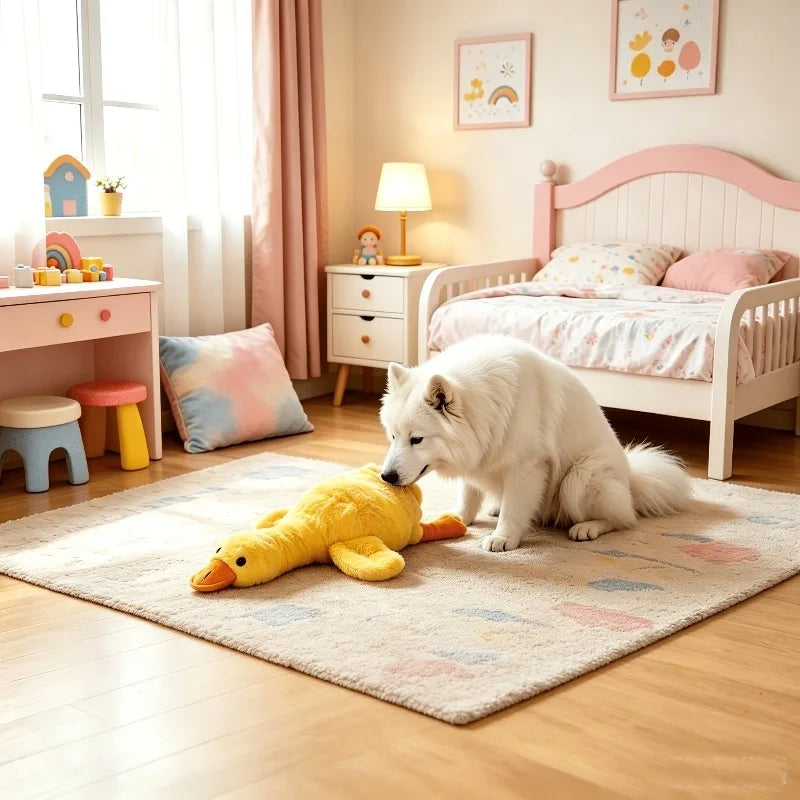 A white fluffy dog is sitting on a rug in front of a pink wooden bed and bedside table.