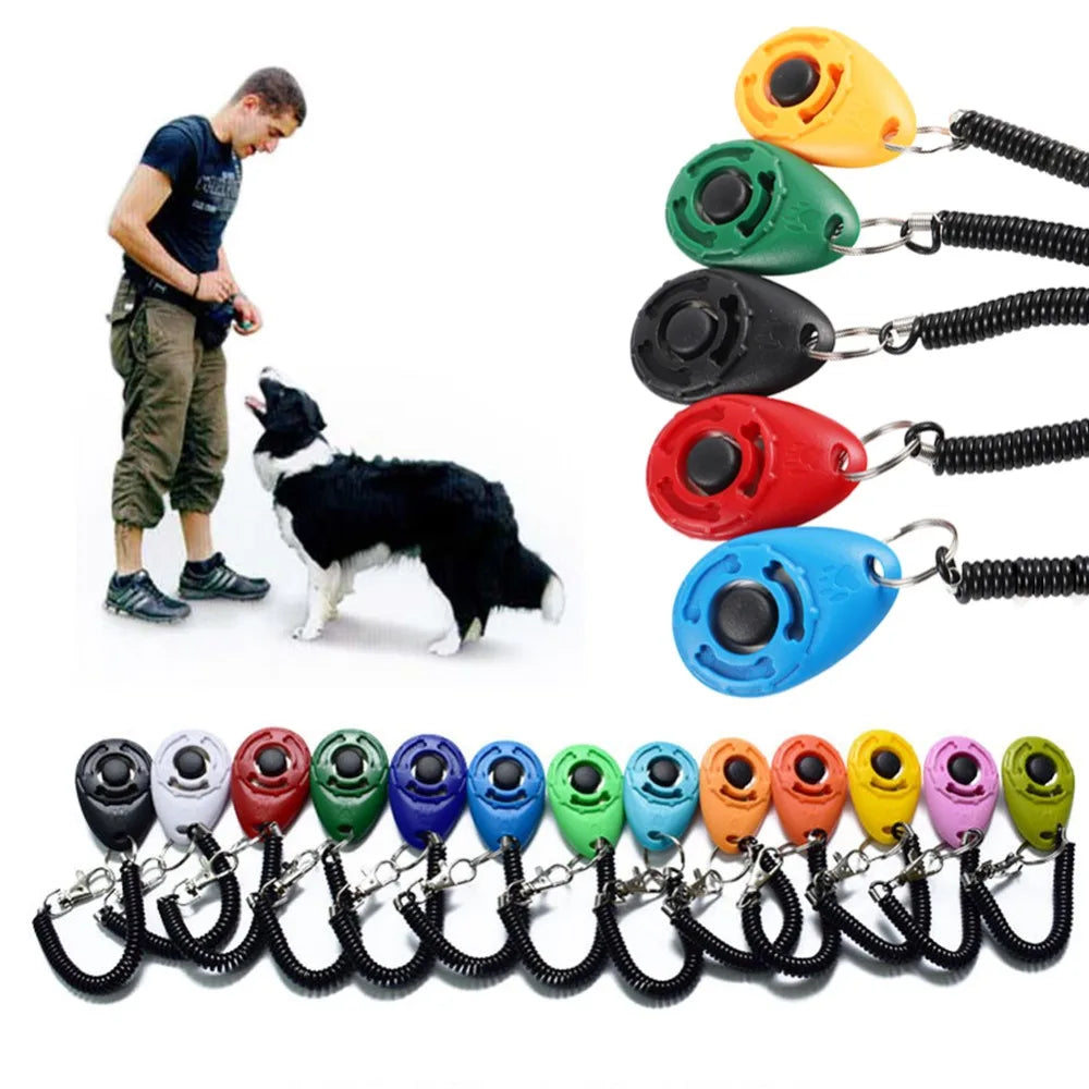 A collection of black and colored pet training clickers attached to a wrist strap, shown next to a man and a dog.