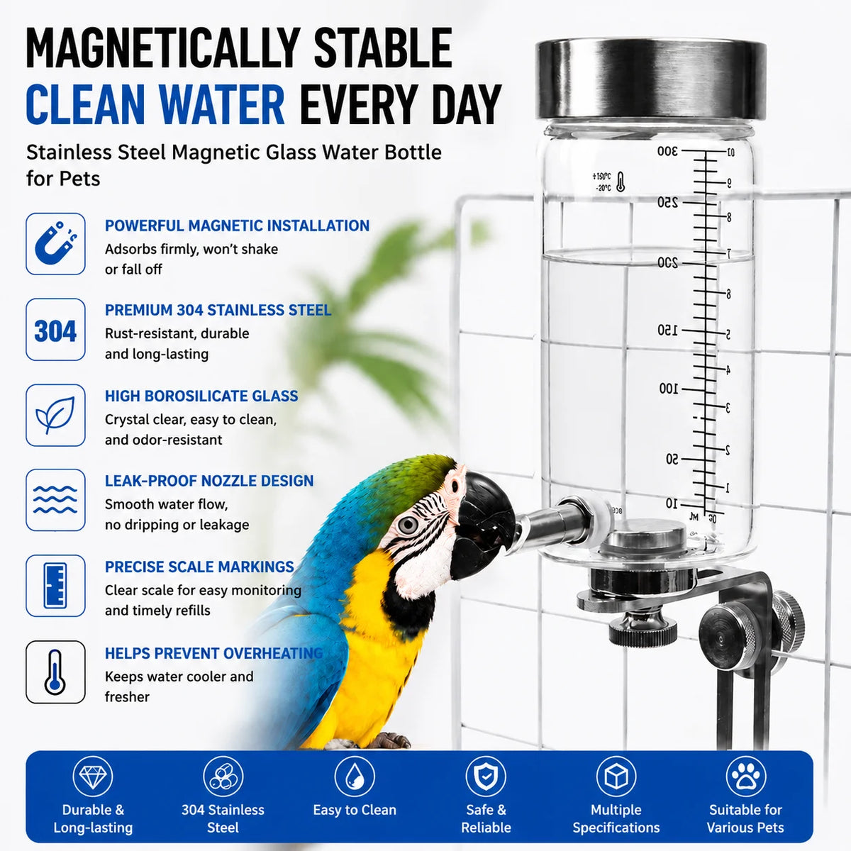 Stainless steel magnetic glass water bottle for pets with precise scale markings and leak-proof design