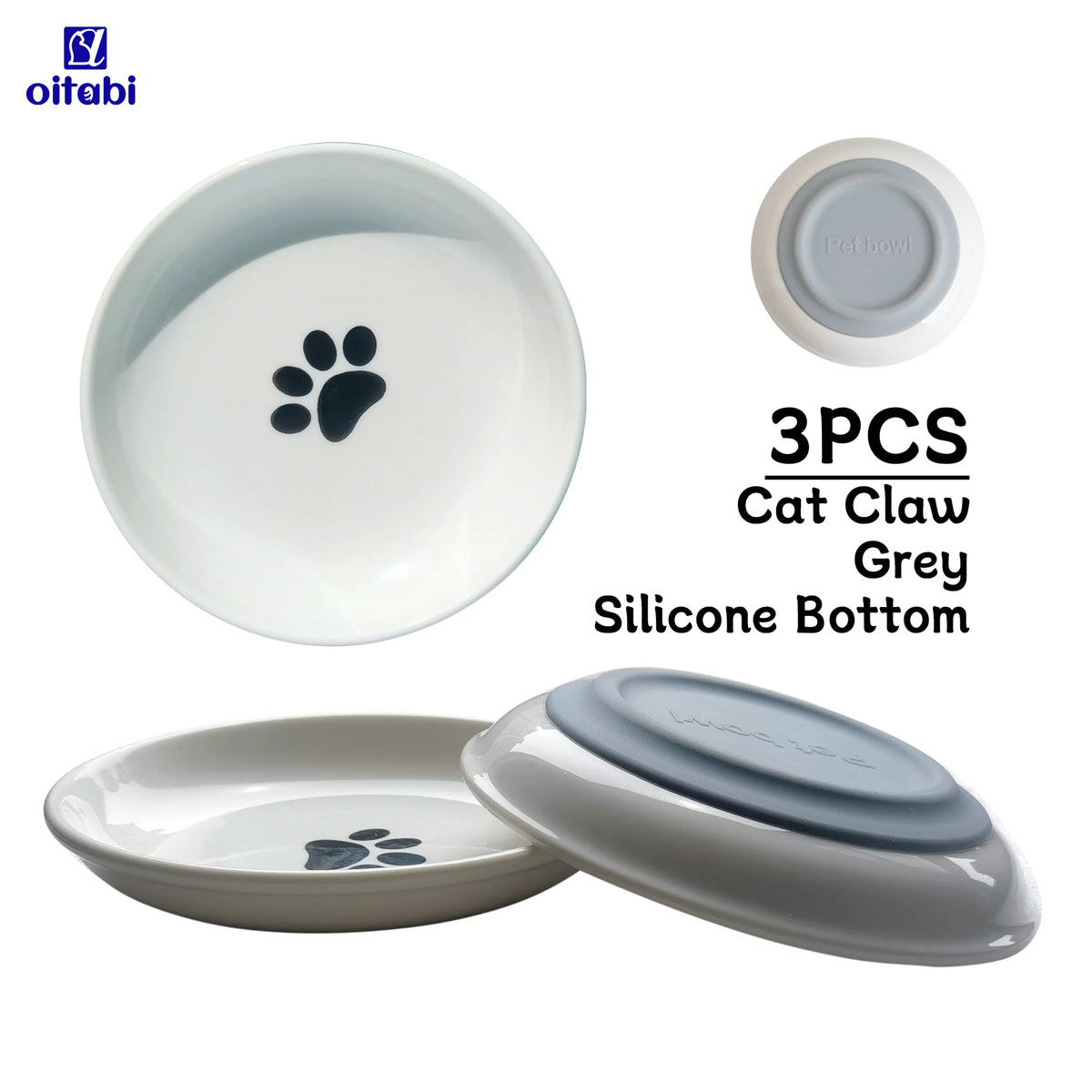 A set of three ceramic cat bowls with grey silicone bottoms shown in various views.