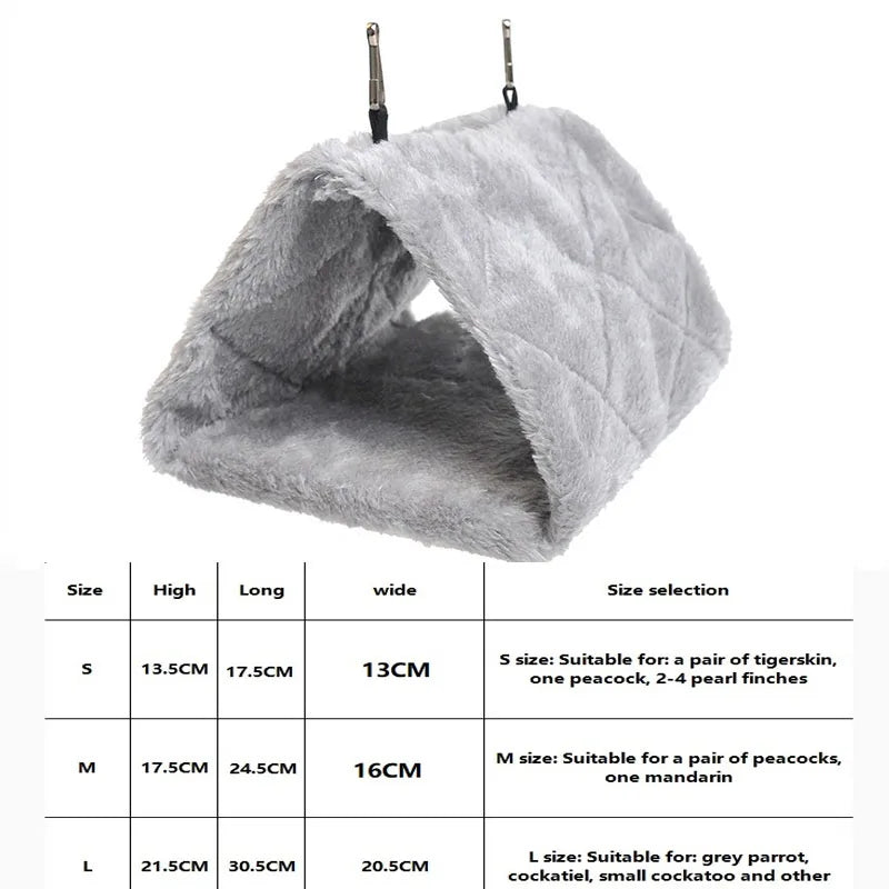 A gray plush hanging bird hammock bed with a quilted interior and hanging straps.