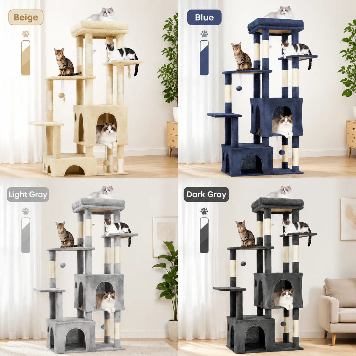 A set of cat tree towers in beige, blue, light gray, and dark gray featuring scratching posts and cozy condos.