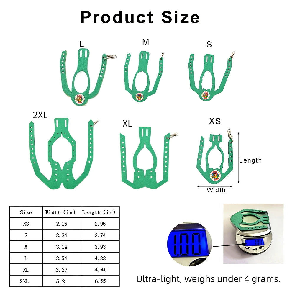 Diagram showing various sizes of an adjustable parrot harness and elastic leash set labeled from L to 2XL.