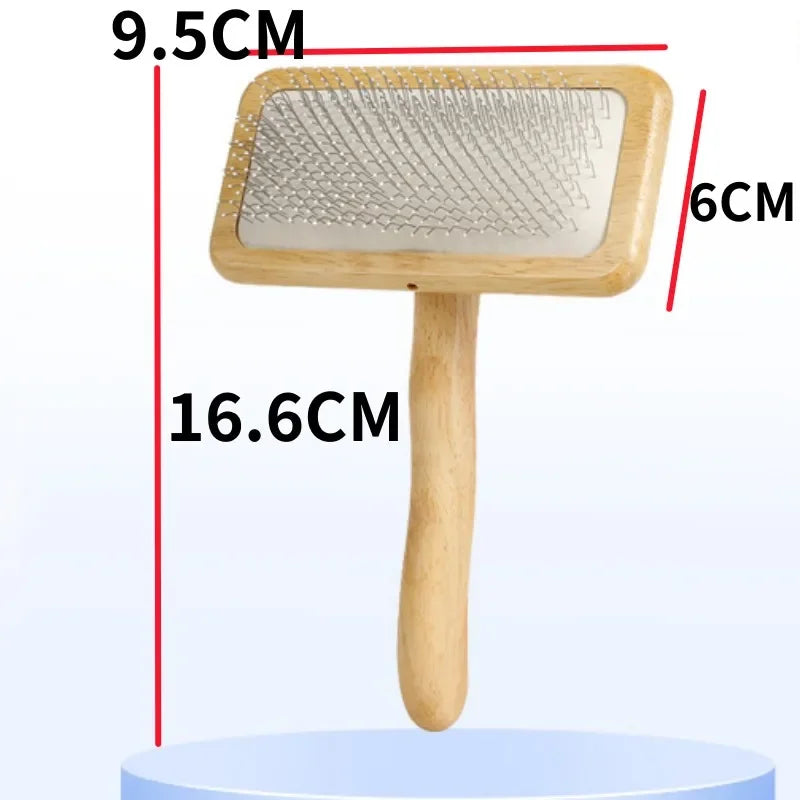 A wooden pet grooming brush with massage bristles is shown against a white background.