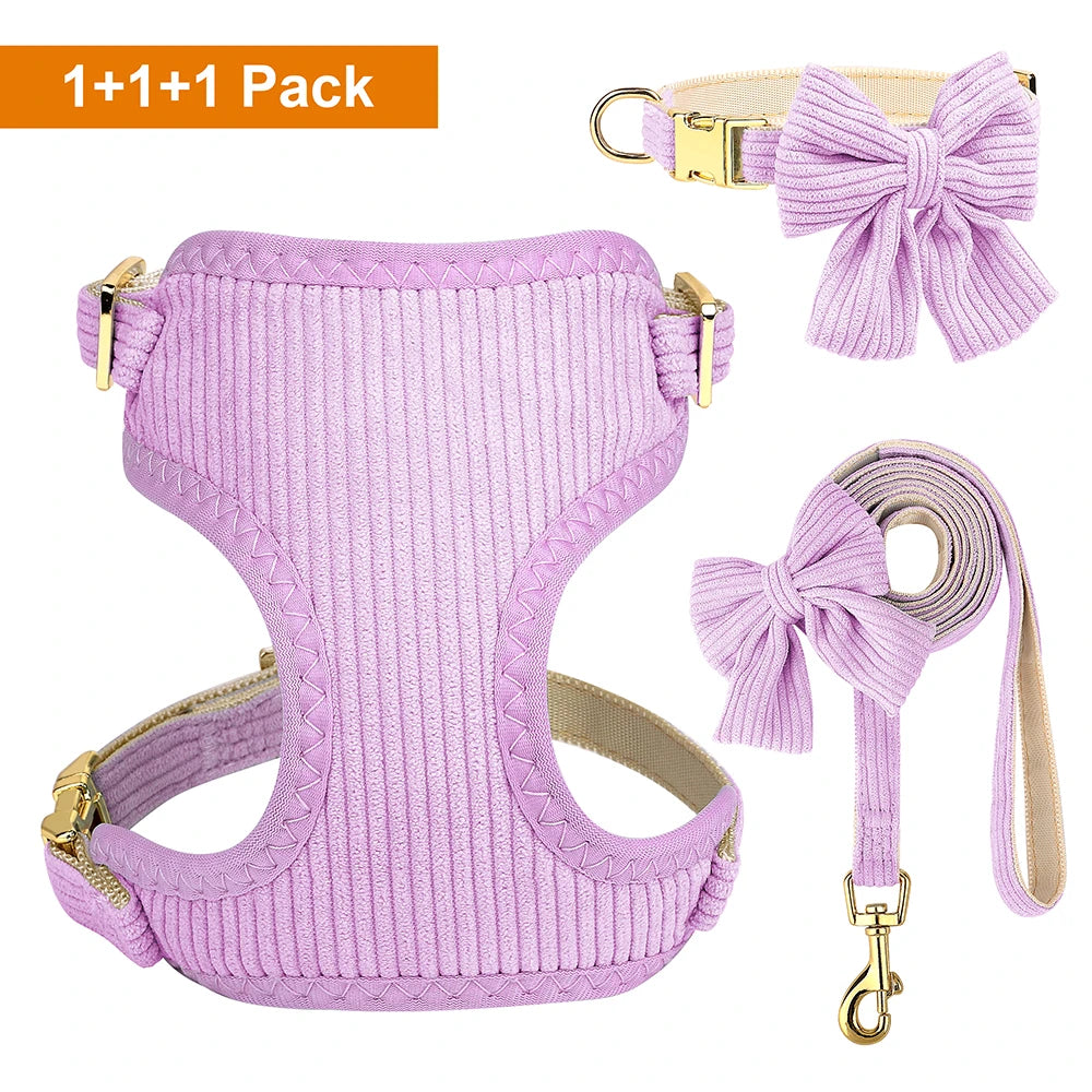 Lila-violetter Hundehalsband und Leine-Set mit verzierten Schleifen und goldenem Zierrat.
