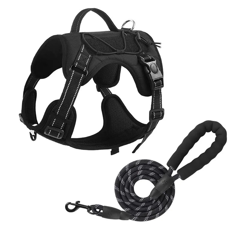 Black adjustable no-pull tactical dog harness with reflective trim and leash