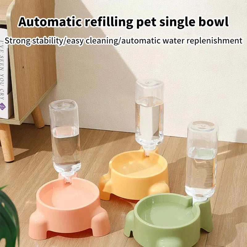 Automatic refilling pet single bowl with multiple clear water dispensers in pink and green colors