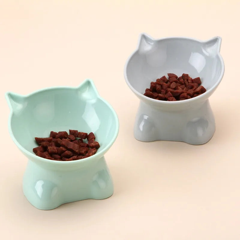 A pair of light blue ceramic, tilted cat feeding bowls filled with dark reddish-brown kibble.
