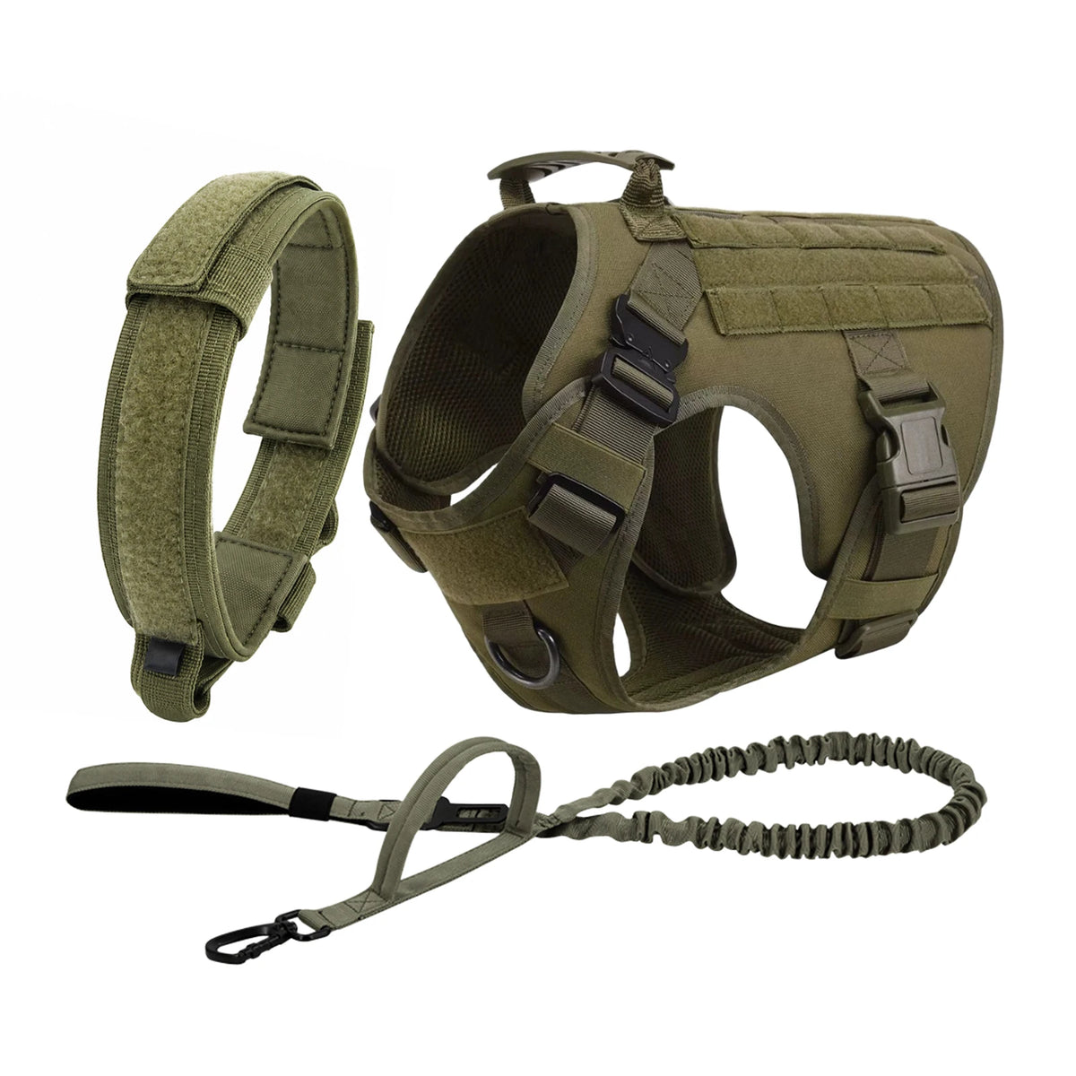 A tactical dog harness set featuring a collar, chest harness with MOLLE pouches, and leash in olive green.