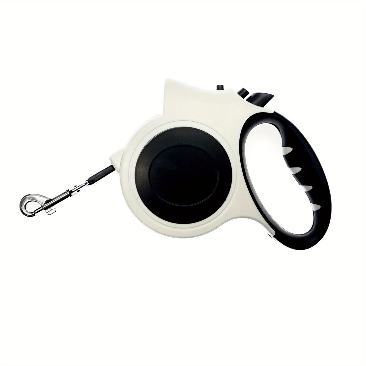 A white and black illuminated retractable dog leash with a reflective nylon strap is shown against a white background.