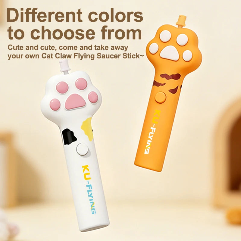 An orange interactive cat wand toy with a paw-shaped flying saucer attachment and a white version.