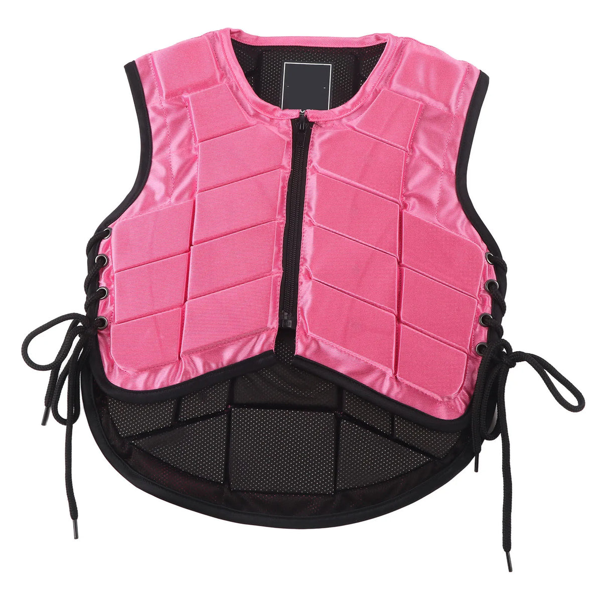 A pink kids equestrian safety vest with a zipper and black mesh bottom