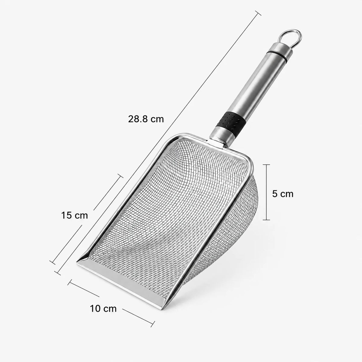 Stainless steel cat litter scoop with a fine mesh sifter and a long handle.