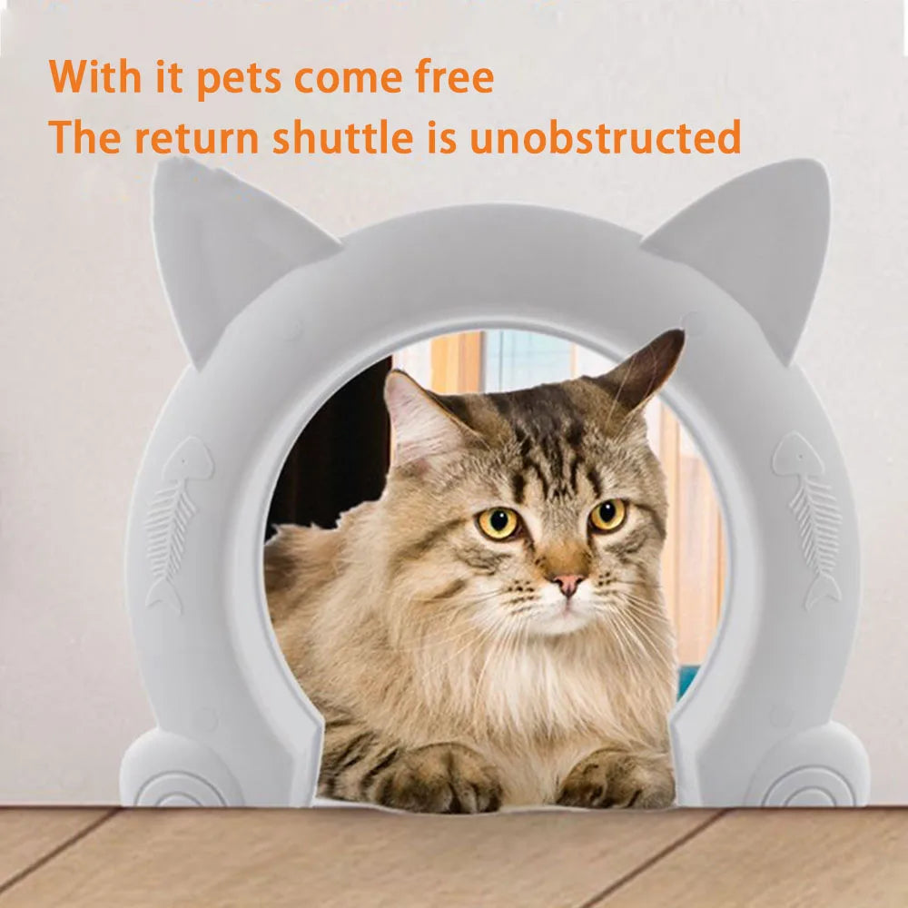 A cat is looking through a clear flap of an easy-install interior cat door on a white background.