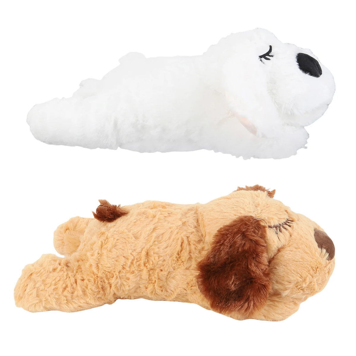 A white, fluffy stuffed animal resembling a dog or cat is shown against a white background.