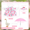 A pink floral outfit for a goose statue, shown with dimensions and accessories.