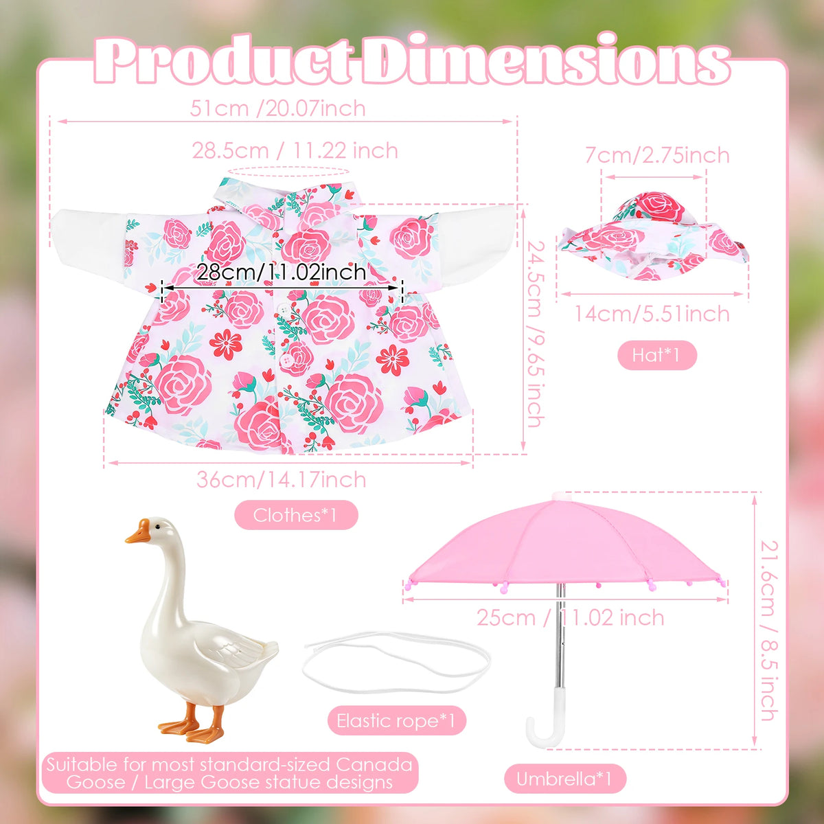 A pink floral outfit for a goose statue, shown with dimensions and accessories.