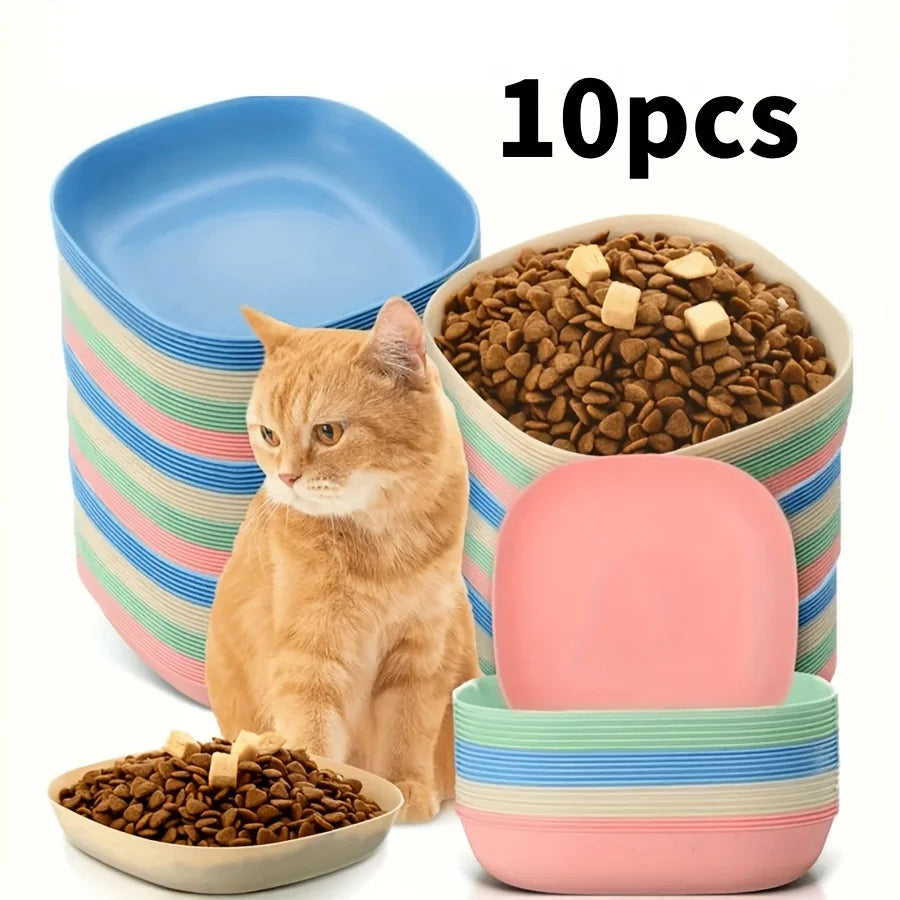 A set of ten non-slip shallow bowls for cats and small pets in various colors including blue, pink, and striped