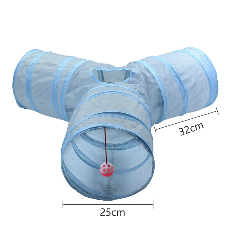 Light blue foldable cat tunnel with a peep hole, showing its dimensions.