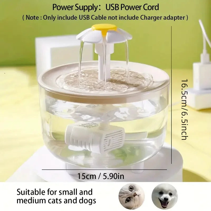 A clear automatic cat water fountain with a USB power cord and filter, suitable for small and medium cats and dogs.