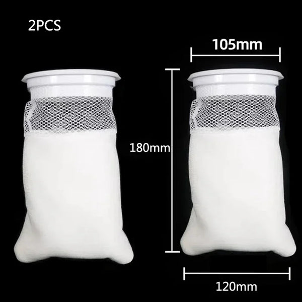 Two white reusable aquarium filter bags shown with dimensions of 105mm and 120mm.