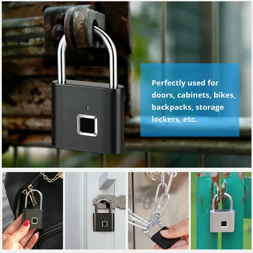 Close-up shots of a black biometric fingerprint padlock being used on various items like doors, cabinets, and bags.
