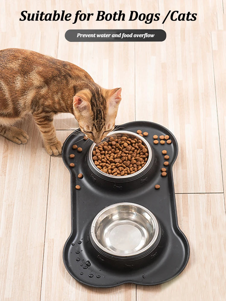 Bol double en acier inoxydable pour animaux avec base anti-débordement