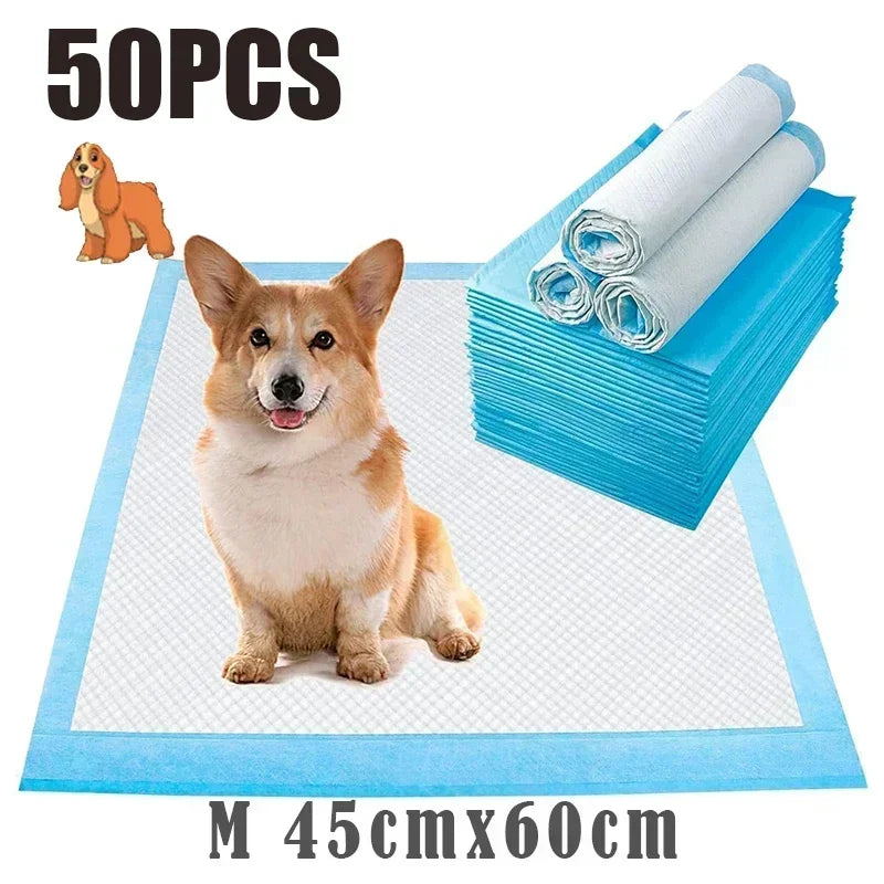 A fluffy dog sits on a blue training pad next to a stack of white pet pads.