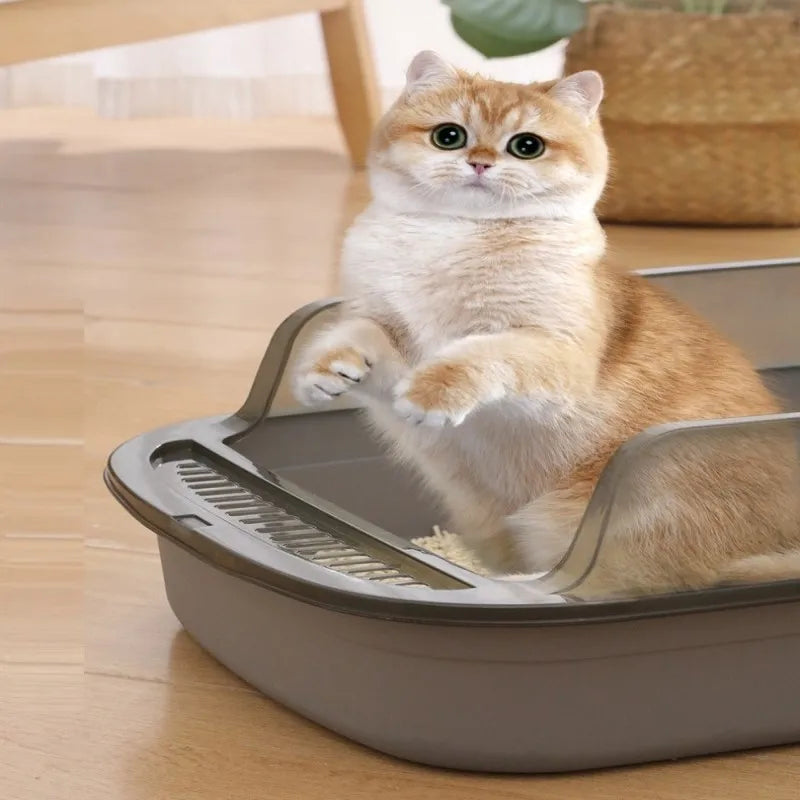 A fluffy orange and white kitten sits inside a gray semi-enclosed splashproof cat litter box with a scoop.