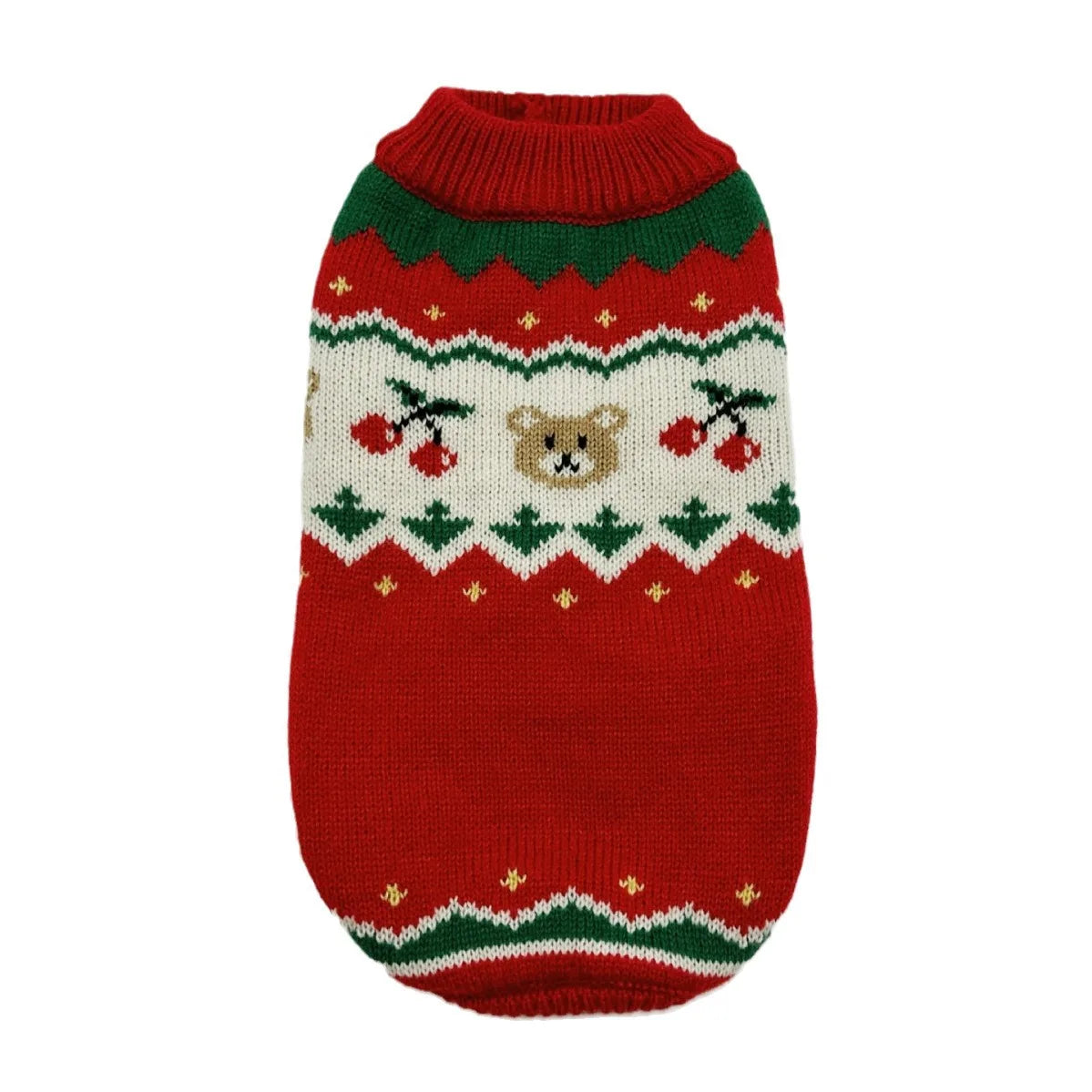 A red knitted sweater with green and white patterns featuring a bear face design.