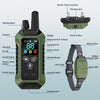 A green remote control dog training collar with buttons, a charging port, and a strap.